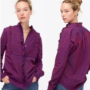 *NWOT* J.CREW Ruffle Trim Red & Blue Tuxedo Pleat Button Shirt — S — 100% Cotton
